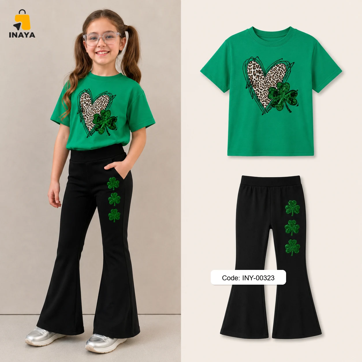 Green Leopard Heart Shamrock Long Set
