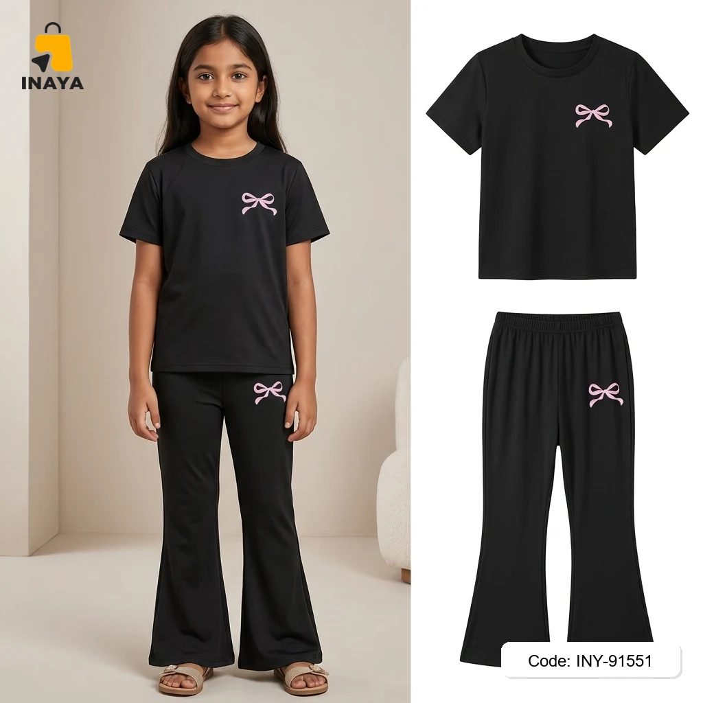 Black Pink Bow Long Set
