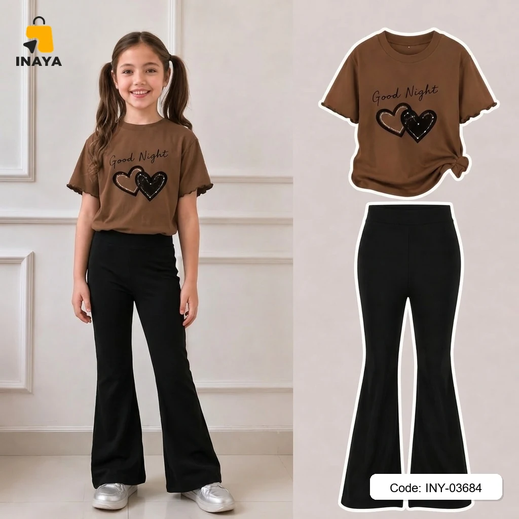 Brown Good Night Double Heart Long Set