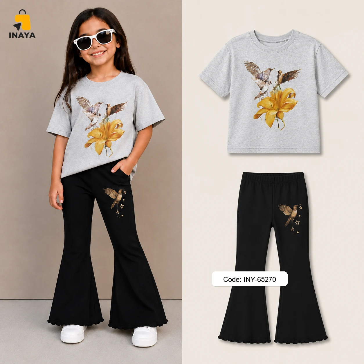 Grey Hummingbird Yellow Lily Long Set