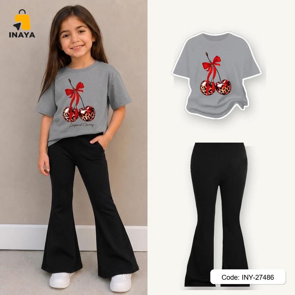 Grey Leopard Cherry Red Bow Long Set