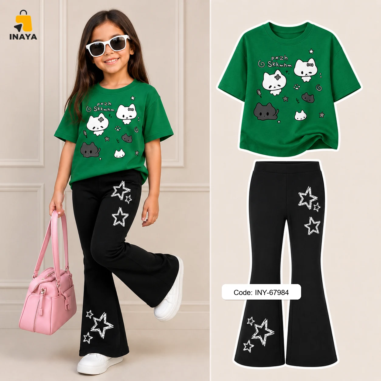 Green Cat Stars Long Set