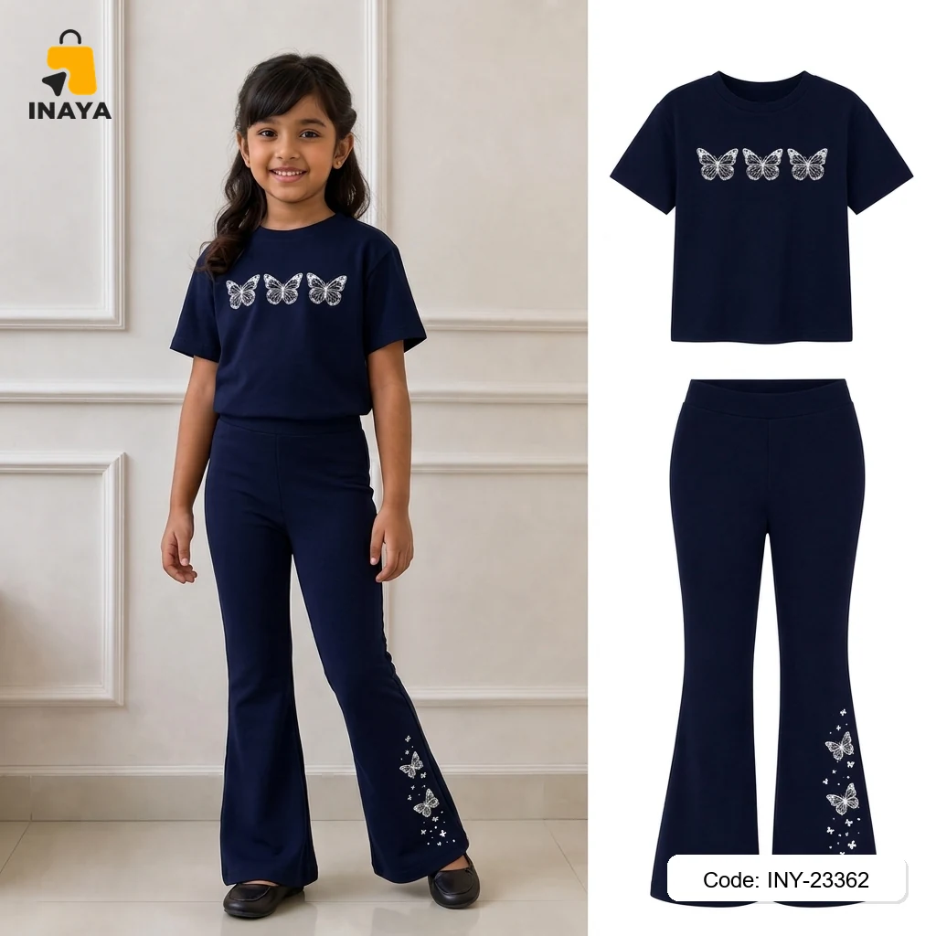 Navy Silver Butterflies Long Set
