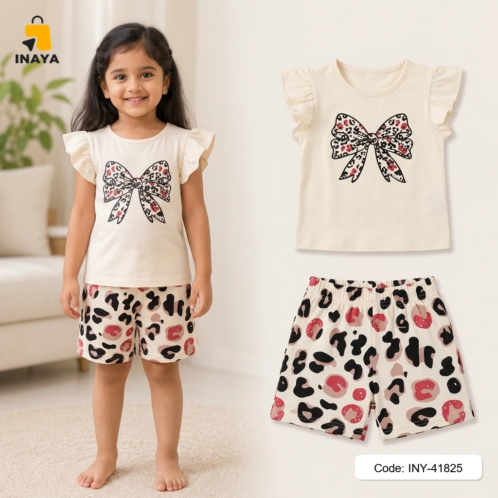 Cream Leopard Bow Baby T-Set