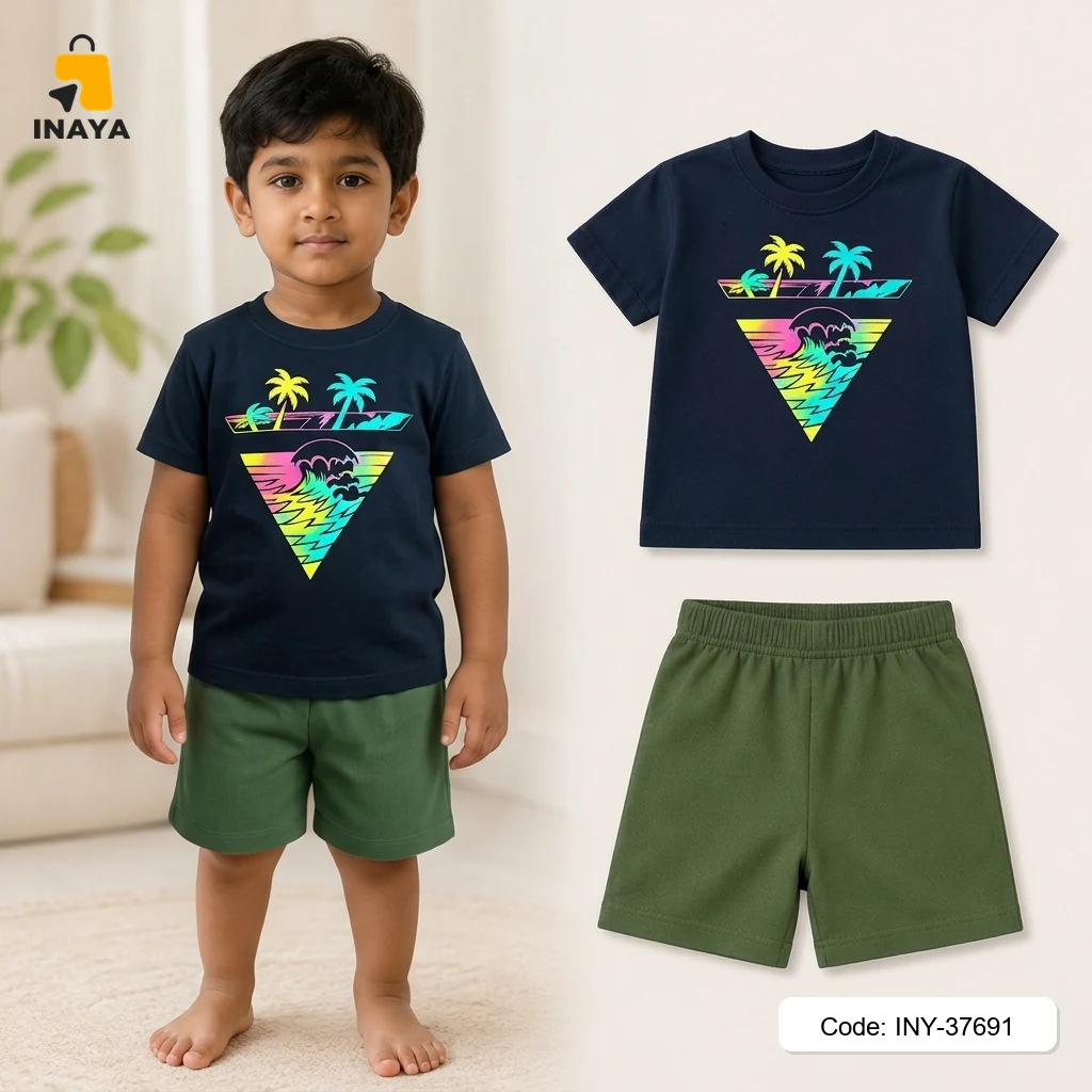 Navy Tropical Wave Triangle Baby T-Set