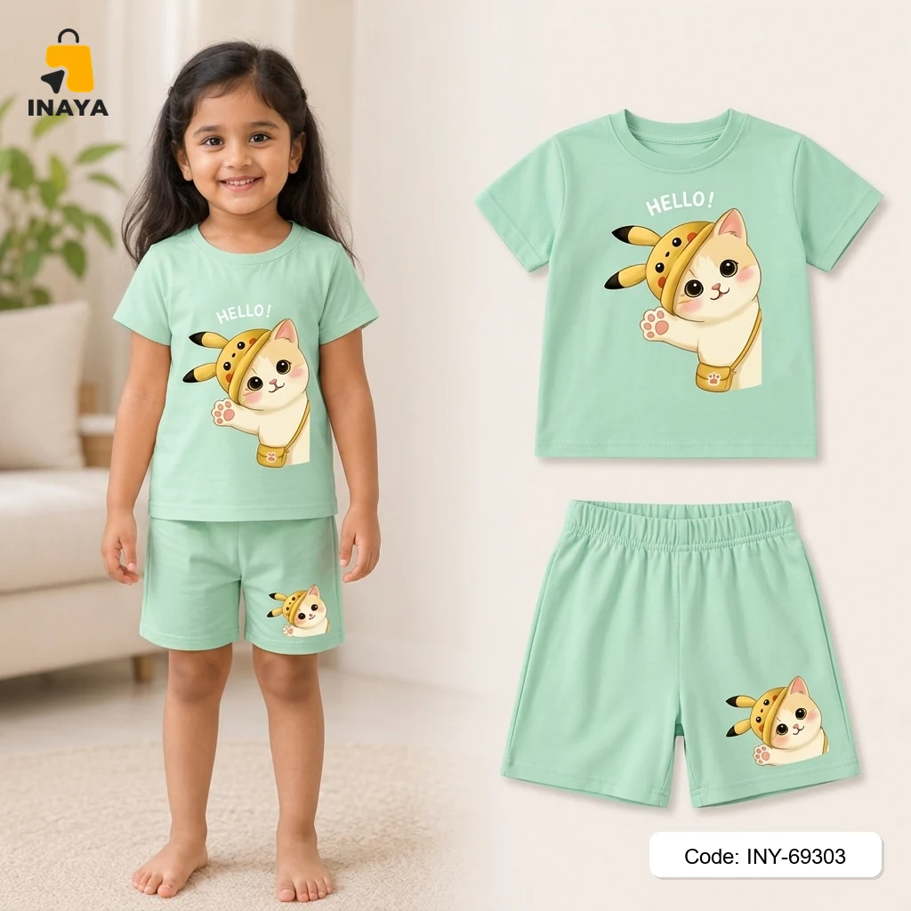 Mint Green Hello Pikachu Hat Cat Baby T-Set