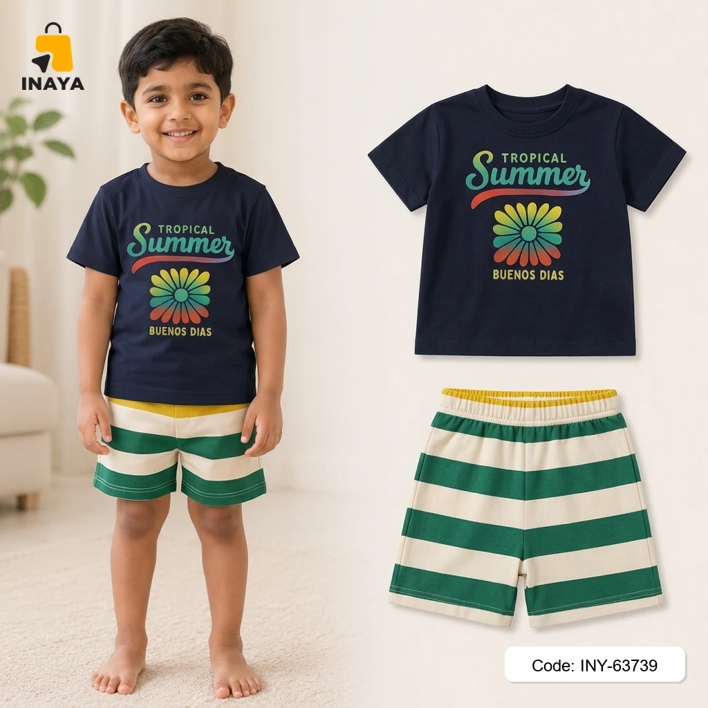 Navy Tropical Summer Flower Baby T-Set