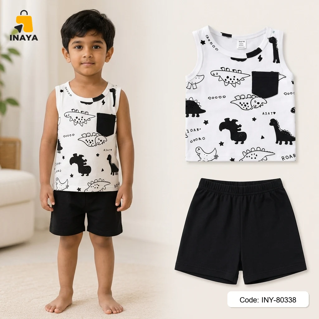 White Dinosaur Black Pocket Baby T-Set