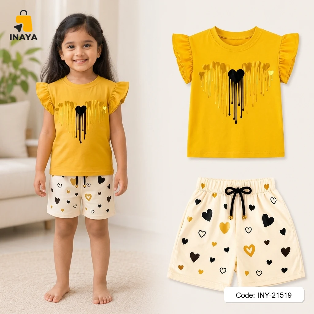 Yellow Black Drip Heart Baby T-Set