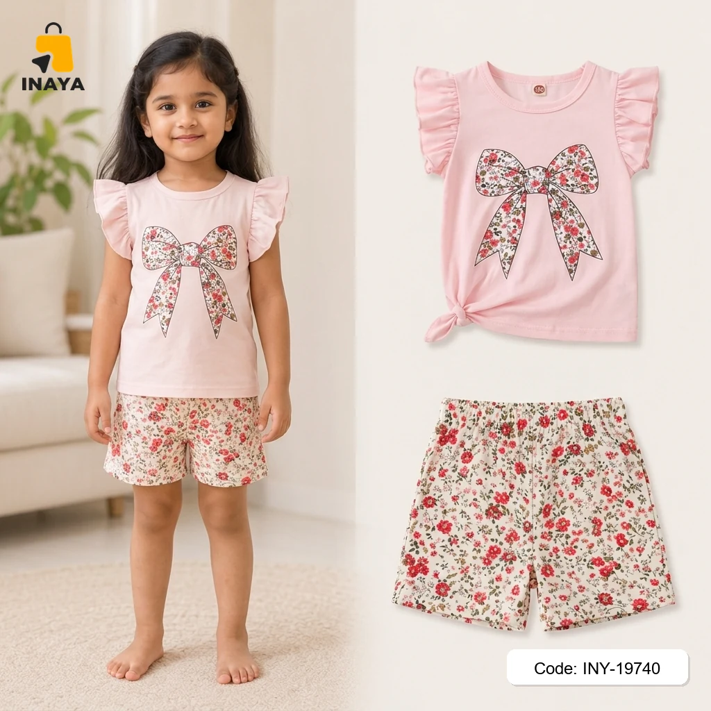 Pink Floral Bow Baby T-Set